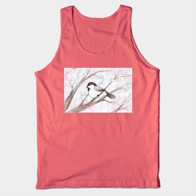 Chickadee in a Cherry Tree Watercolor Illustration Tank Top by Danica Templeton Art